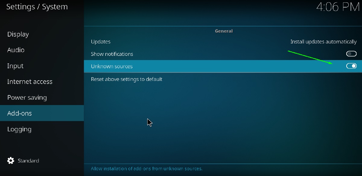 allow unknown sources on kodi